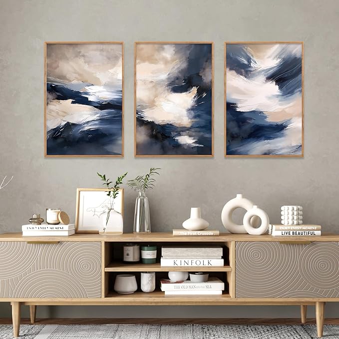 HLNIUC Blue Beige Abstract Wall Art Set of 3(16x24), Navy Brush Stroke Modern Art Decor, Earth Tone Minimalist Shape Framed Painting, Rust Dusty Neutral Prints for Living Room, Bedroom, Office