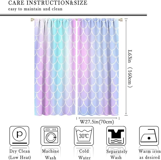Fantasy Mermaid Curtain Rainbow Mermaid Scales Purple Pink Blue Ocean Theme Dream Blackout Window Treatment for Kids Boys Girls Bedroom Nursery Room Decor Rod Pocket Window Drapes 55x63in