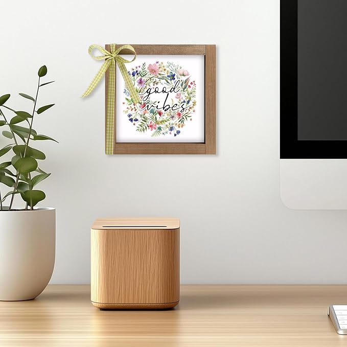 Wooden Good Vibes Sign with Wreath, 6 Inch Positive Inspirational Office Decor for Women Desk, Rustic Farmhouse Indoor Cubicle Table Shelf Dorm Room Flower Wall Art Aesthetic Home Decorations