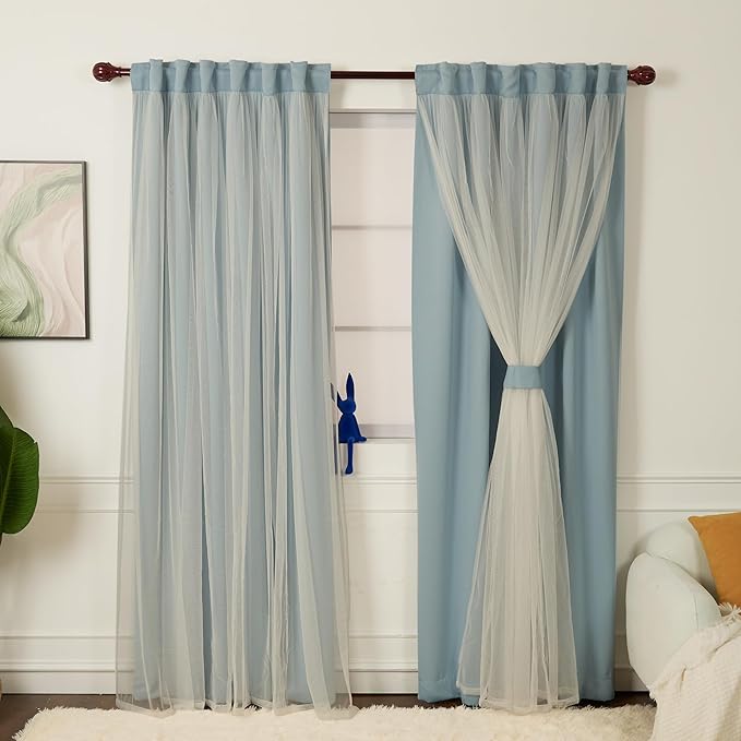 INLINAS 52 x 108 Inch Blackout Curtains with Sheer Overlay - Back Tab and Rod Pocket Thermal and Noise Reduction Panels for Bedroom and Living Room Light Blocking and Energy Saving, Sky Blue, Set of 2