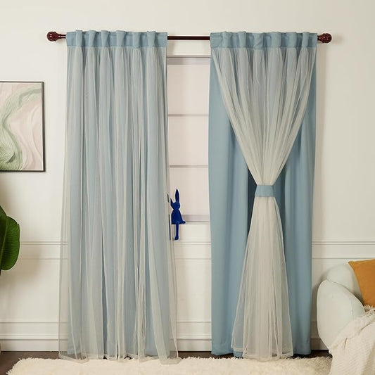INLINAS 52 x 108 Inch Blackout Curtains with Sheer Overlay - Back Tab and Rod Pocket Thermal and Noise Reduction Panels for Bedroom and Living Room Light Blocking and Energy Saving, Sky Blue, Set of 2