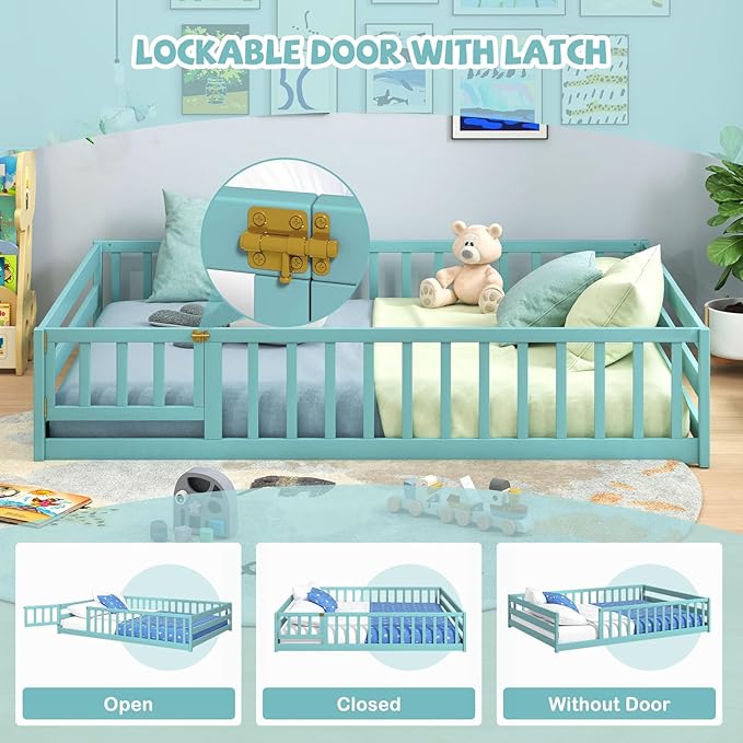 Giantex Full Floor Bed with Door & Fence, Kids Wood Montessori Beds with Safety Guardrails, Floor Bed Twin for Kids, Boys, Girls, No Box Spring Needed, ICY Aqua