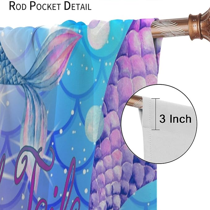 Dream Mermaid Curtain Colorful Mermaid Shell Ocean Theme Fantasy Blackout Curtains for Kids Boys Girls Bedroom Nursery Room Decor Rod Pocket Window Drapes 55x63in