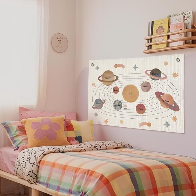 Solar System for Kids, Space Nursery Decor, Space Themed Party Decorations, Solar System Linen Canvas Banner Wall Hanging Flag Decor for Playroom 20x30