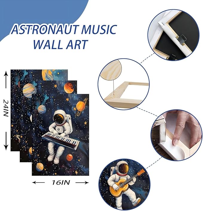 3Pcs Space Astronaut Music Canvas Wall Art Cute Astronaut Musician Decor Pictures Funny Piano Guitar Violin Posters Prints for Boys Room Girls Room Kids Room Nursery Decoration