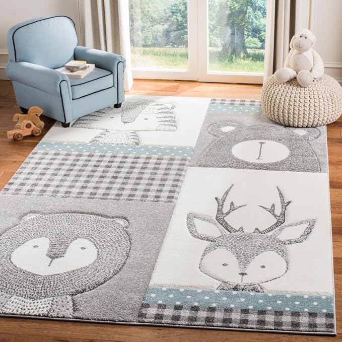 SAFAVIEH Carousel Kids Collection Accent Rug - 4' x 6', Grey & Ivory, Animal Design, Non-Shedding & Easy Care, Ideal for High Traffic Areas for Boys & Girls in Playroom, Nursery, Bedroom (CRK188B)