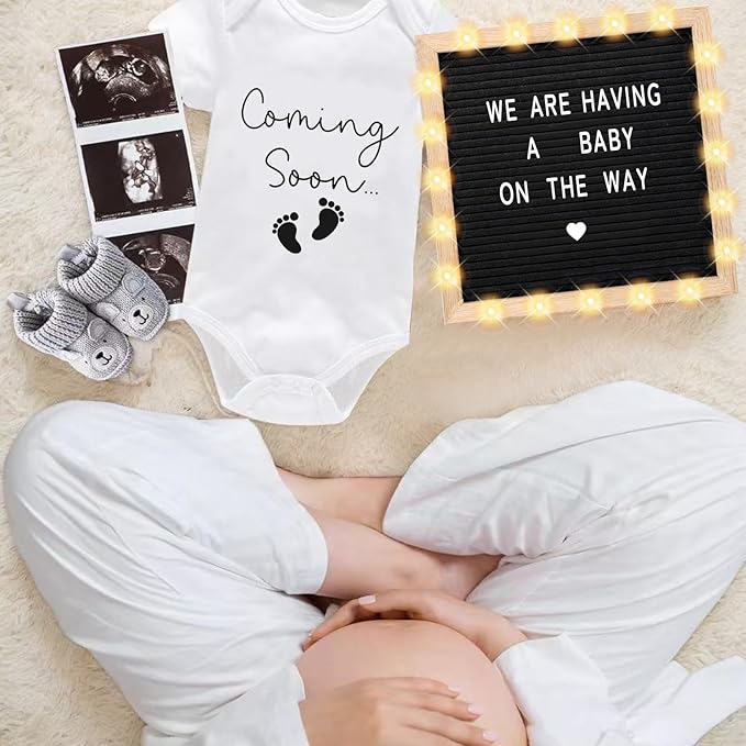 9 Pcs Pregnancy Announcements Set, Include Felt Letter Board Sign with Baby Bodysuit Shoes and Wooden Sign Surprise Announcement for Grandparents Partner Gift Family Reveal