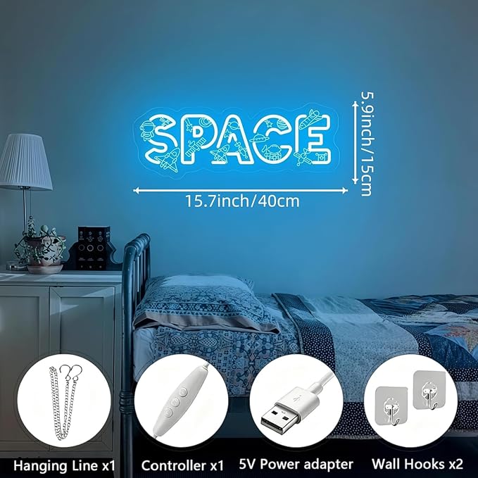 Custom SPACE Neon Sign, Space Theme LED Wall Light, Rocket Astronaut Planet Neon Decor, Cosmic Theme Light Art for Kids’ Bedroom, Nursery Decor, Children’s Play & Sleep Spaces 15.7″ × 5.9″