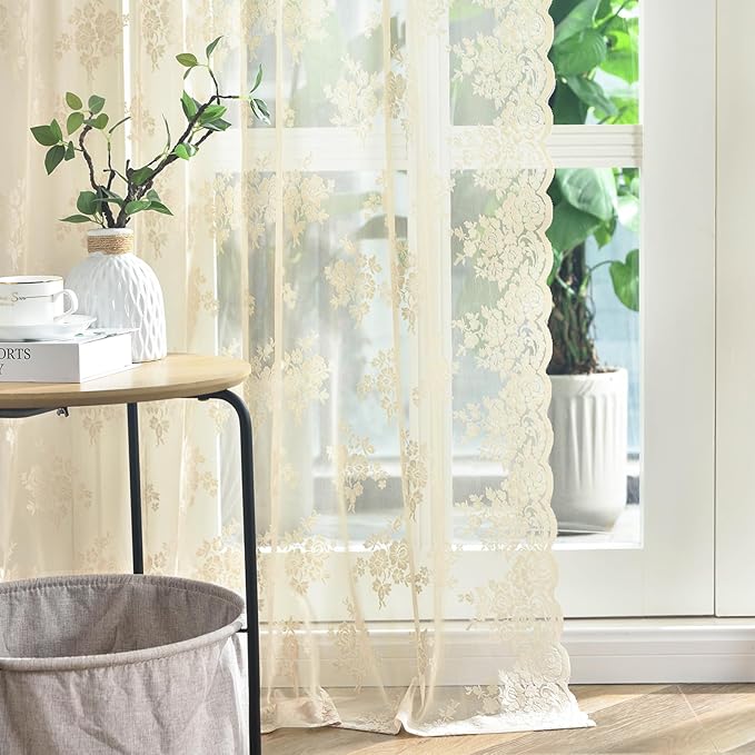 Kotile Beige Lace Curtains 84 Inches Long 2 Panels, Country Rustic Floral Pattern Vintage Sheer Lace Curtains for Living Room Bedroom, Rod Pocket Privacy Window Lace Curtain Panels, 42 x 84 Inch