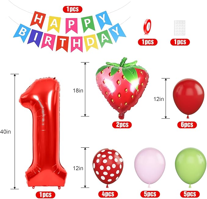 1st Strawberry Decorations for Girls, Red Pink Green Balloon With 40 Inch Number 1 Strawberry Foil Balloons Banner for Sweet One Baby Shower Berry First Birthday Party