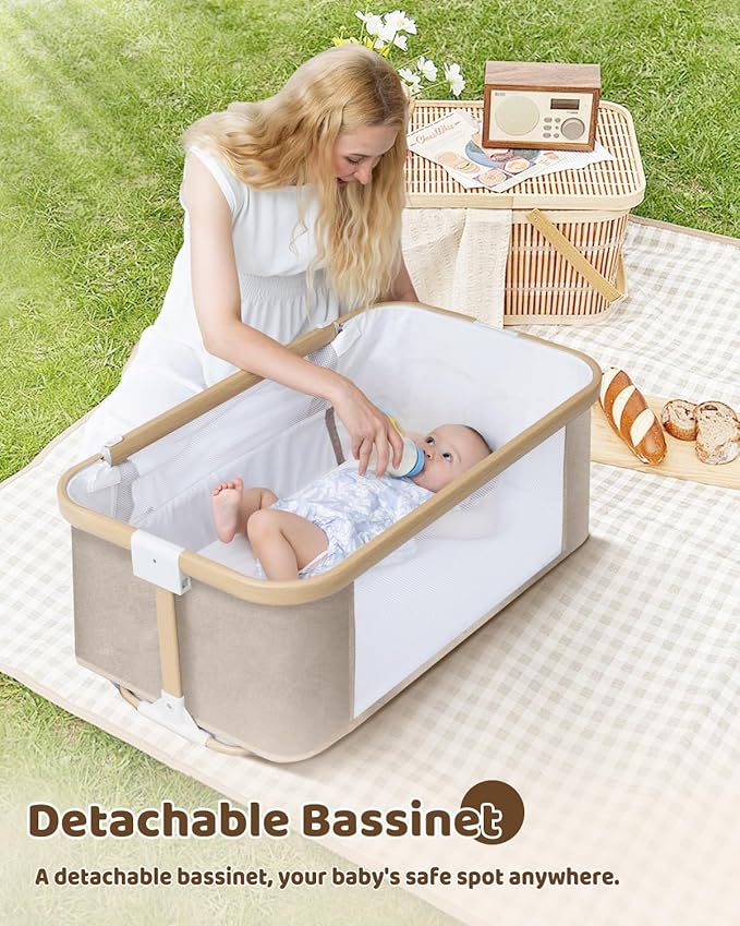 Baby Bassinet, Rocking Bedside Sleeper, Detachable & Portable Bassinet with 8-Level Height, Breathable Mesh, Storage Basket & Rotating Mobile Toy for Newborns Infant(Khaki)