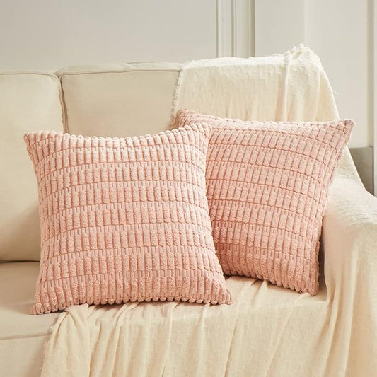 Fancy Homi 2 Packs Blush Pink Decorative Throw Pillow Covers 20x20 Inch for Living Room Couch Bed Sofa, Soft Striped Corduroy Square Cushion Case 50x50 cm, Rustic Farmhouse Boho Home Decor