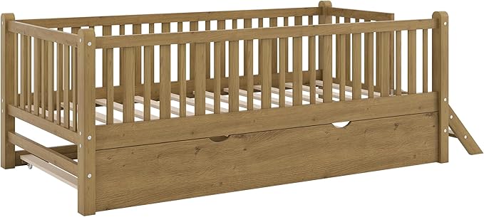 LUMISOL Twin Size Low Platform Bed Frame with Trundle, Wood Floor Bed with Ladder & Fence Guardrail for Kids Teens Girls Boys, No Box Spring Needed, Walnut