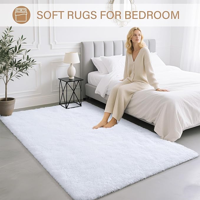 BENRON Fluffy White Rugs for Living Room Bedroom 4x6, Soft Plush Fuzzy Shaggy Rugs for Kids Girls Boys Room Decor, Washable Indoor Floor Carpets