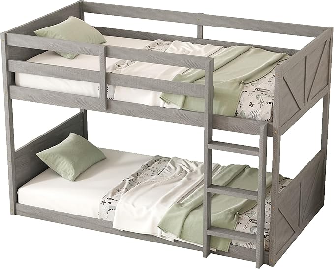 Bunk Bed Twin Over Twin, Wood Low Profile Floor Twin Bunk Beds with Headboard Ladder Guardrails for Kids Boys and Girls, No Box Spring Needed
