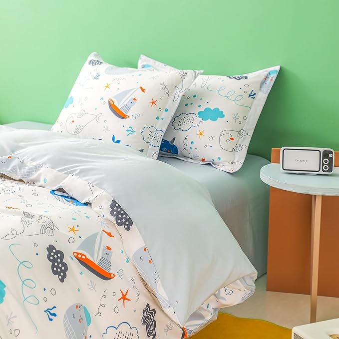Simple&Opulence 100% Organic Cotton Duvet Cover for Kids Teens, 3 Pieces Soft Comforter Cover with Zipper Closure Cool Boy Girl Sea Sailboat Ocean Bedding Set - Whale, Twin