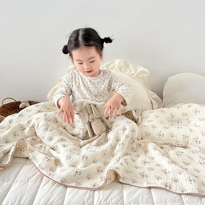 BuLuTu Large Cotton Muslin Kids Toddler Throw Blanket - 47''x51'' Reversible Lightweight Azalea Little Flower Thin Summer Quilt Baby Quilt for Crib Bed,Stroller,Travel,White