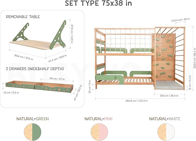 BUSY WOOD Montessori Floor Bed with Rails - Kids Twin Bunk Bed with Storage - Gym Complex for Kids - Jungle Gym Bedframe (BunkBed+Table+2 Drawers (Half-Depth))