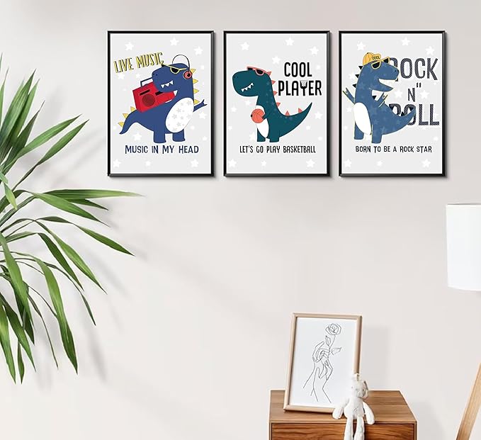 3Pcs Cartoon Dinosaur Wall Art Trio Set with Music Sports Rock Themes and Playful Canvas Prints, Vibrant Color Posters on Starry Gray Background for Kids Room Wall Decor Nursery Decoration Unframed