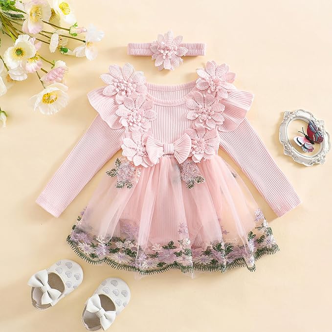 Giraropa Baby Girl Fall Winter Clothes Long Sleeve Romper Dress + Socks + Headband Newborn Infant Cute Casual Outfits
