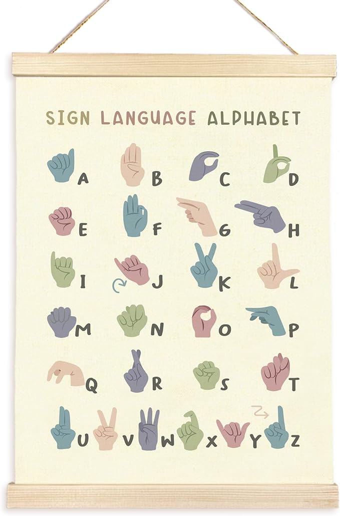 CGBHW Sign Language Alphabet Poster Hanger Frame, Baby Educational Posters Wall Art Hanging Decor for Toddler Boy Kids Room Classroom Playroom Nursery，Rainbow Boho Classroom Decor, 12x16Inch