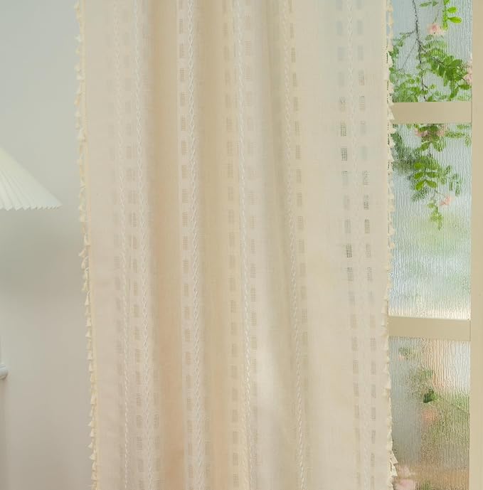 Deeprove Ivory Boho Curtain 72 inches Long for Living Room Bedroom Kitchen, Lodge Bohemian Sheer Linen 72 inches Length Stripe Embroidery Privacy Window Tassel Decor W52 x L72, 1 Panel