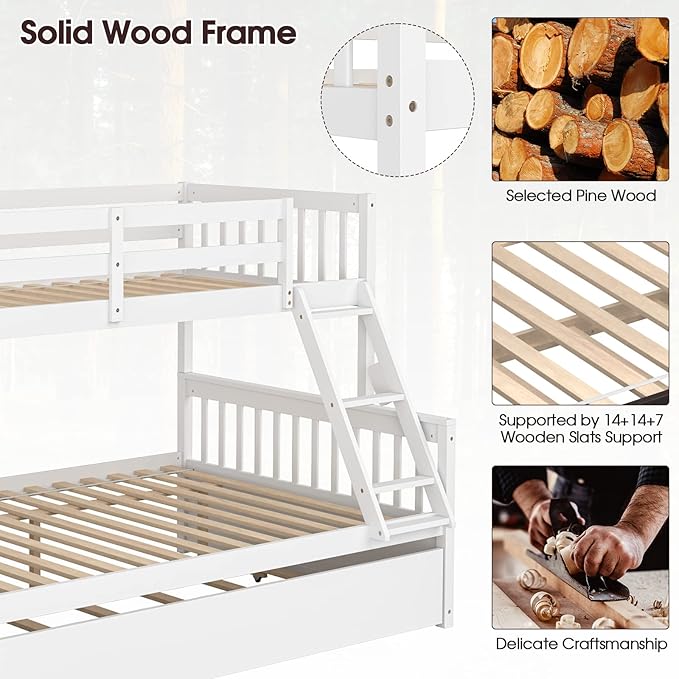 KOMFOTT Wood Twin Over Full Bunk Bed with Trundle, Bunk Bed Frame with Solid Pine Wood Frame, Space-Saving Bed Frame with Ladder & Safety Guardrails, No Box Spring Needed