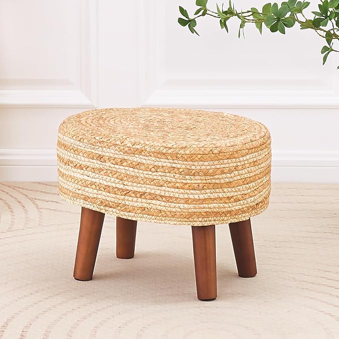 Cpintltr Round Ottoman Natural Seagrass Footstool Hand Weave Water Hyacinth Poufs Eco Friendly Sofa Foot Stool Soft Step Stool Padded Foot Rest with Pine Legs for Living Room (White and Solid)