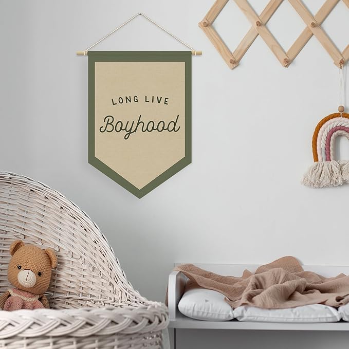 Boys Room Decor, Long Live Boyhood Linen Canvas Banner, Boy Nursery Wall Hanging Pennant Flag Banner for Boys Kids Toddler Room Bedroom Playroom Decor, 15x11in - Green