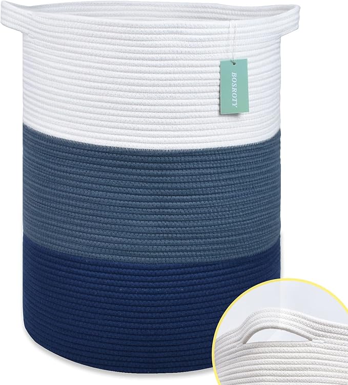 Large Blanket Basket, Nursery Hamper, Tall Laundry Basket 72L, Cotton Rope Woven Laundry Hamper for Storage Toys Clothes Towels, 16”x 22”, White & Cadet Blue & Navy Blue
