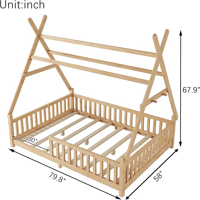 Full House Bed with Roof & LED Light, Low Profile House Bed with Fence, Safe Guardrails, DIY-Friendly for Boys & Girls, Solid Wood & MDF Construction, No Box Spring Required, Natural