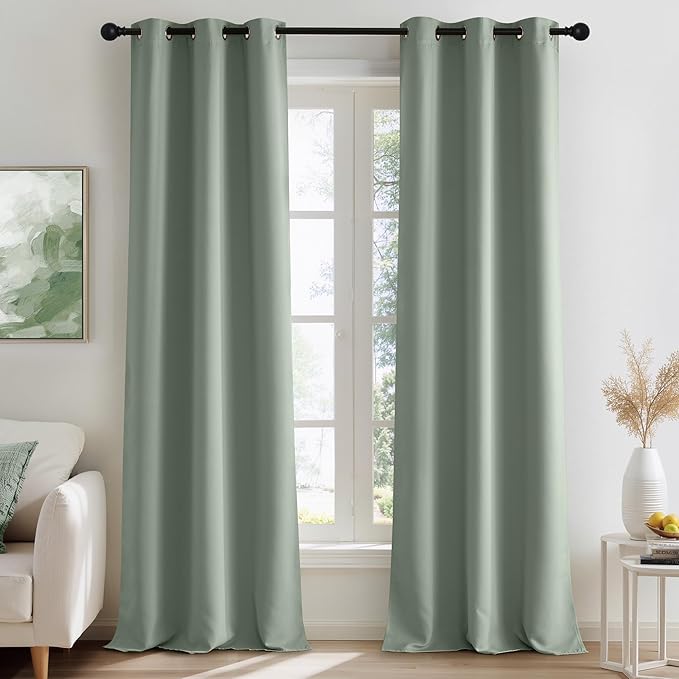 NICETOWN Sage Green Room Darkening Curtains 96 Inches Long 2 Panels for Living Room, Bedroom, Nursery Summer Thermal Insulated Blackout Drapes Grommet Noise Reducing Window Treatment, W40