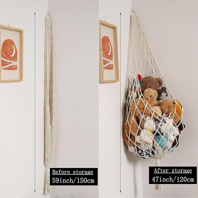 Stuffed Animal Storage Organizers Corner Hanging Ne 60" L Stuffy Animal Hammock Macrame Toy Display Plush Toy Holder Wall, Kid Bedroom Decor Boho Nursery Playroom Organizer 60" L (Cream)