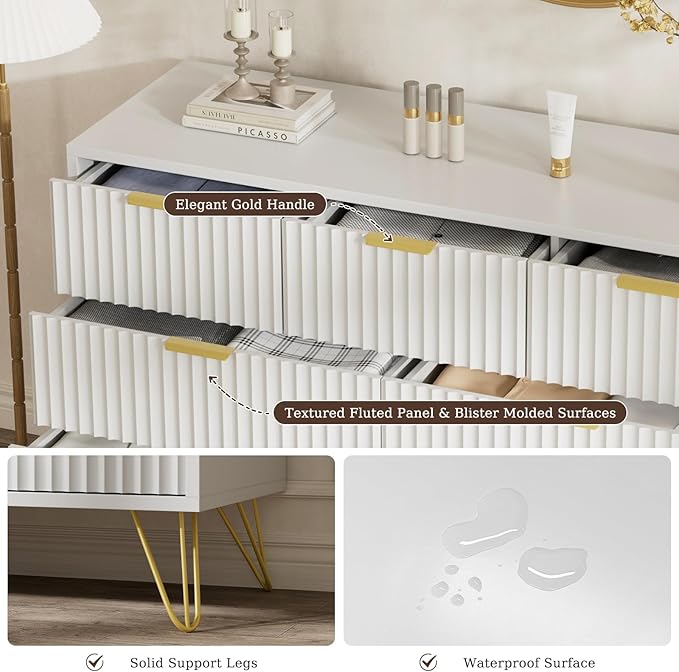 LYNSOM Fluted Dresser for Bedroom, White 7 Drawer Dresser with Gold Handles and Wide Drawers, Wood Chest of Drawers for Bedroom, Hallway
