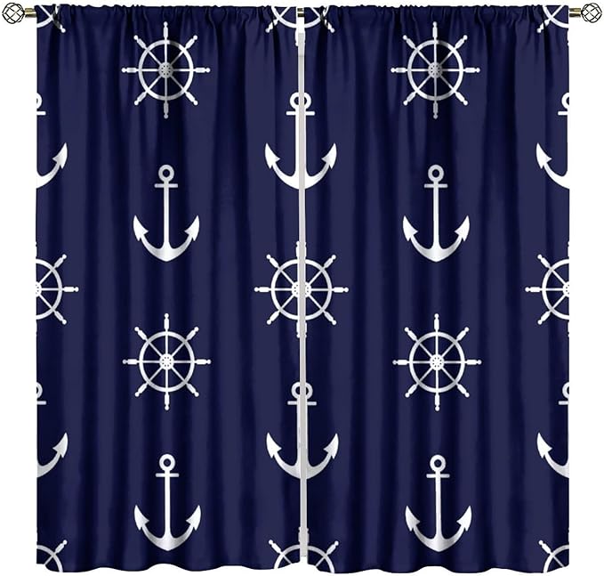 Nautical Rudder Curtains,MarineThemed Oceanic Anchor Pattern Blackout Print Home Bedroom Living Room Window Treatments 2 Panel Set 42x63 Inch