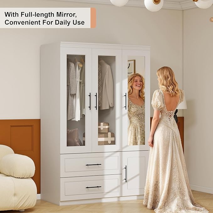 Armoire Wardrobe Closet with Mirror, 3 Door White Wood Wardrobe Closet Wooden Bedroom Armoire 2 Drawer with Hanging Rods for Home/Bedroom/Living Room White-50+51