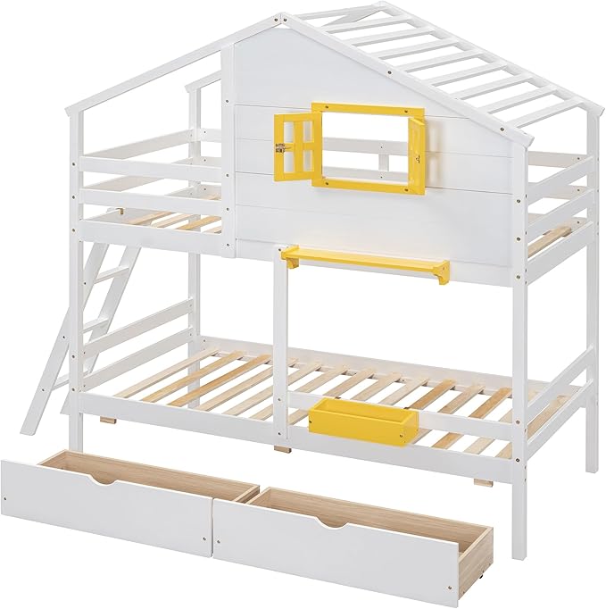 MERITLINE Twin Over Twin House Bunk Bed with Storage Drawers and Storage Box, Solid Wood Bunk Bed with Ladder,Shelf and Roof (White)