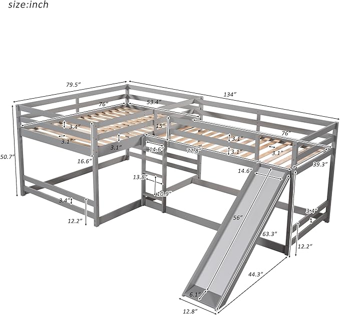 L-Shaped Full and Twin Size Bunk Bed with Slide and Short Ladde, Solid Wood 4 in 1 Design Quad Bunk Bed Frame with Safety Guardrail for Aldults Kids Teens (Gray-4)