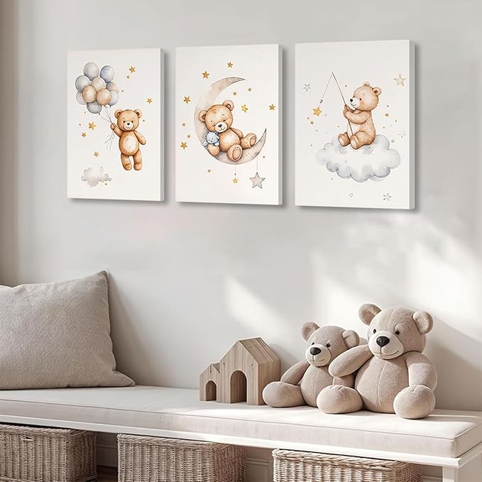3 Pcs Framed Teddy Bear Nursery Canvas Wall Art Bear Sleeping on The Moon and Stars Wall Decor Pictures Balloon Cloud Neutral Poster Prints for Kids Baby Room Kindergarten Home Decoration 16x24in