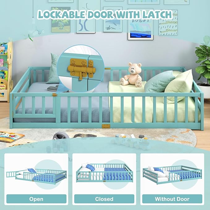 Giantex Queen Floor Bed with Door & Fence, Kids Wood Montessori Beds with Safety Guardrails, Floor Bed Twin for Kids, Boys, Girls, No Box Spring Needed, ICY Aqua