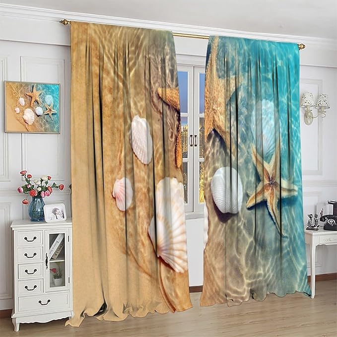 Beach Curtain for Bathroom Decor，Sea Turtle Starfish Seashell Nautical Ocean Coastal Scenery Art Printed Fabric Polyester Waterproof Set 2 Panels,84x84 Inches