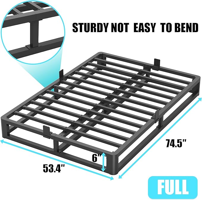 6 Inch Full Bed Frame with Round Corner Edges, Low Profile Full Metal Platform Bed Frame with Steel Slat Support, No Box Spring Needed/Easy Assembly/Noise Free Mattress Foundation