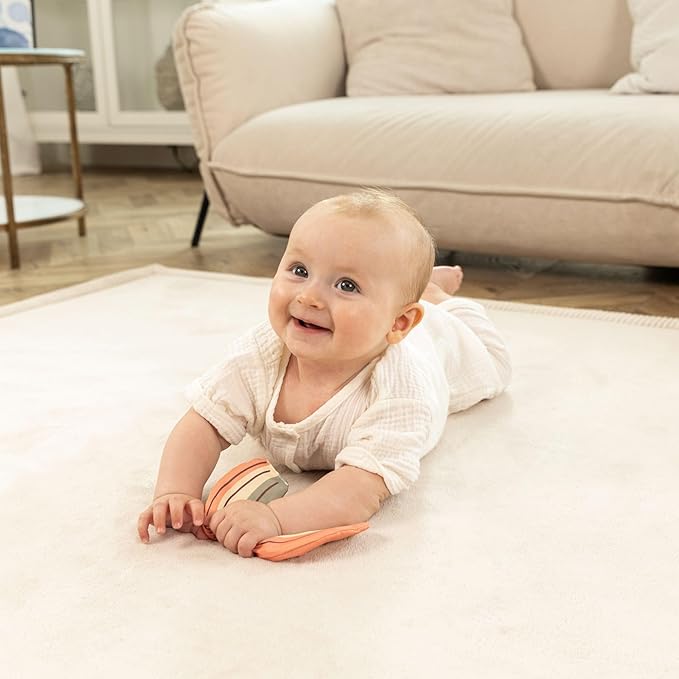 Stylish Coral Velvet Baby Play Mat for Floor 47" x 67" Beige – Soft 1" Thick High-Density Memory Foam Nursery Rug,Kids Rug with Non-Slip Backing for Crawling & Playing, Playroom Rug, Kids Carpet