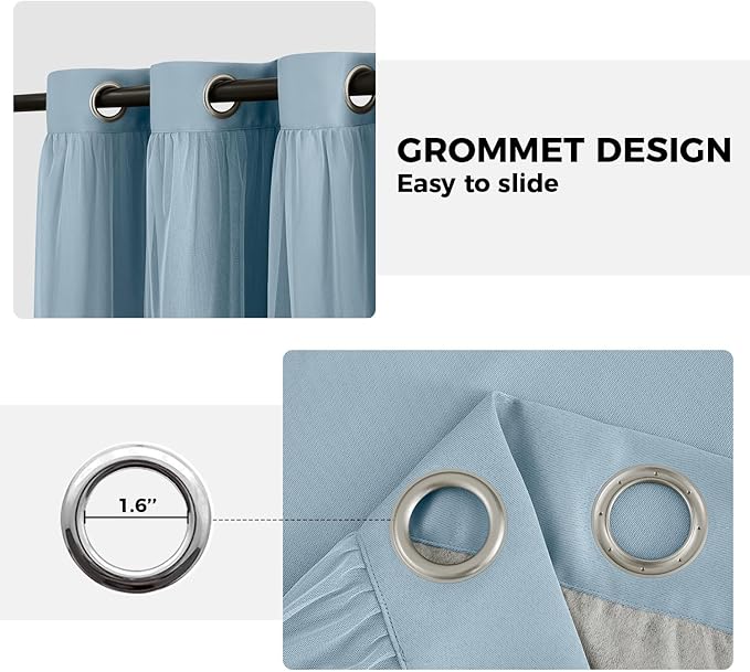 100% Blackout Curtains for Bedroom, Double Layer Blue Curtains, Black Out Curtain 63 inch Long with Sheer Overlay for Living Room, Room Darkening Window Drapes with Grommet, 52" W x 63" L