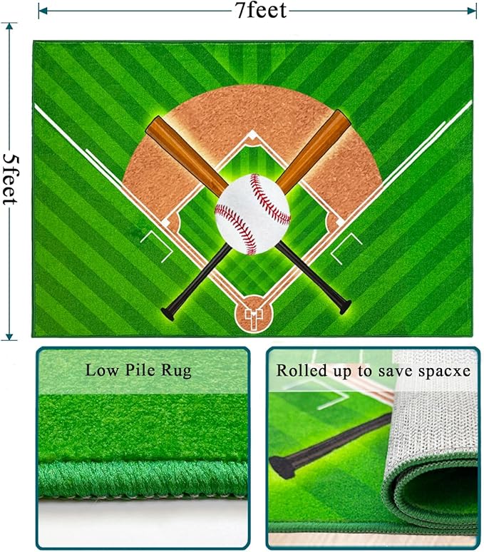 Washable Low Pile Baseball Rug 5x7- Sports Decor for Boys Room, Non-Slip Kids Bedroom Carpet, Durable Baseball Themed Floor Mat