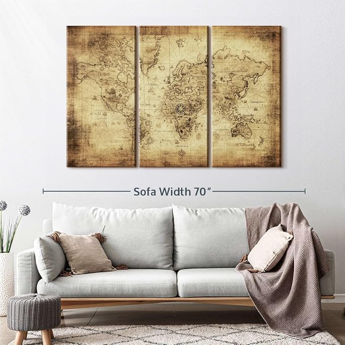 ElephantStock Ancient World Map Wall Art Multi Piece Canvas - 3 Piece Canvas World Map Wall Decor - Wall Decor - Ready-to-Hang Print - Vintage Wall Art - 57" X 36"