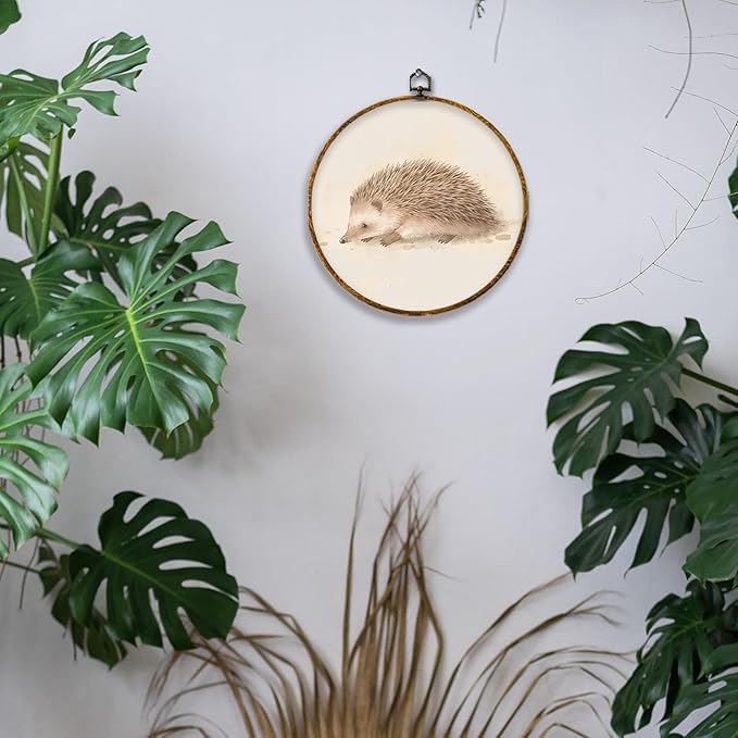 Hiuwevt Hedgehog Round Wall Art Decor, Vintage Jungle Animal Framed Canvas Prints, Neutral Animal Round Wall Hanging Decor for Nursery Bedroom Home Living Room Decorations, 10x10 Inches