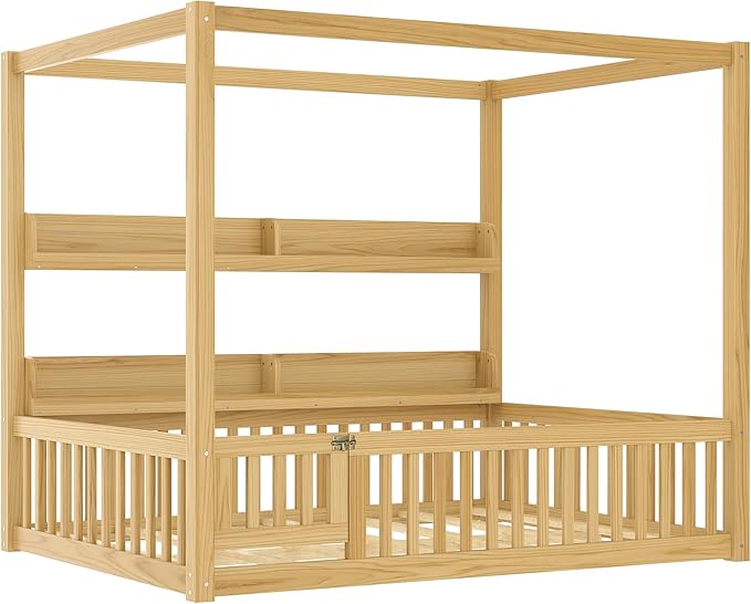 Polibi Full Size Montessori Floor Bed with Guardrails, Low Profile Solid Wood Canopy Frame with Built-in Shelves, No Box Spring Needed, for Kids & Teens, Natural
