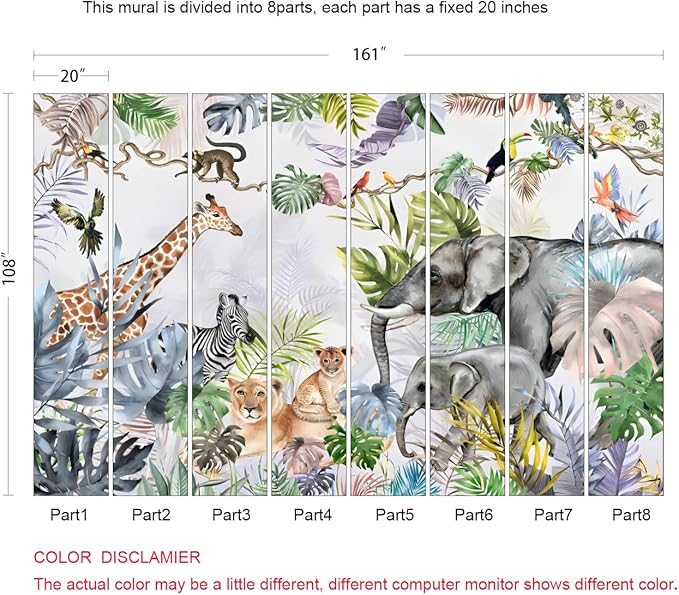 Safari Wallpaper for Kids with Animals Jungle Wall Mural Watercolor Animals Nursery Wallpaper Children Room Decor (Not Peel n' Stick)
