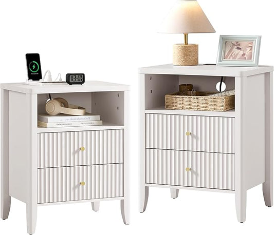 Fluted Nightstand with Charging Station Set of 2, 21" Wide Modern Bedside Table with 2 Drawers & Open Shelf, Wood End Table with Storage & Metal Handle for Bedroom, Small Spaces, Cream White